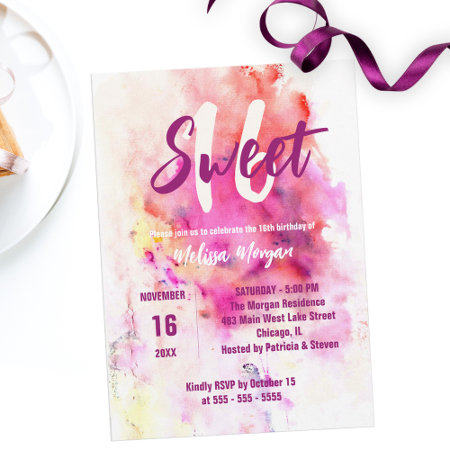 Modern Chic Artistic Watercolor Sweet 16 Birthday