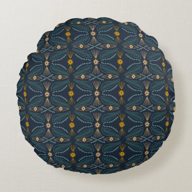 Modern Chic Artsy Pattern Navy Green Gold Round Pillow (Front)