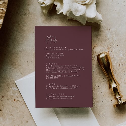 Modern Chic Autumn Burgundy Wedding Details Enclosure Card