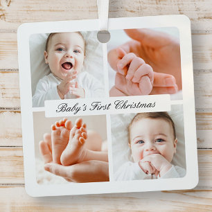 Modern Chic Baby's First Christmas 4 Photo Holiday Metal Ornament