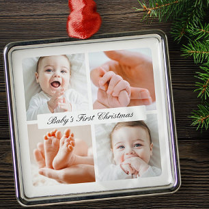 Modern Chic Baby's First Christmas 4 Photo Holiday Metal Ornament