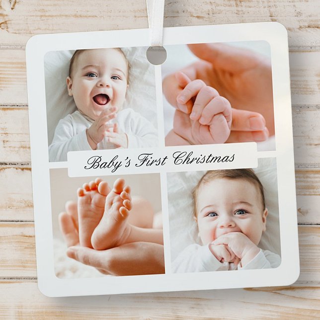 Modern Chic Baby's First Christmas 4 Photo Holiday Metal Ornament (Creator Uploaded)