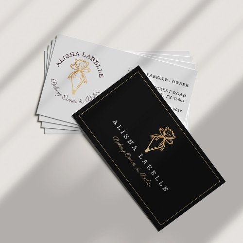 Modern  Chic Bakery Piping Bag Logo Black  Gold Business Card