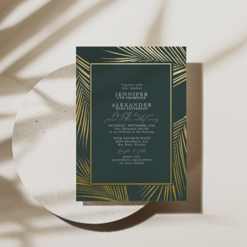 Modern Chic Beach Palm & RSVP QR Code Wedding Gold