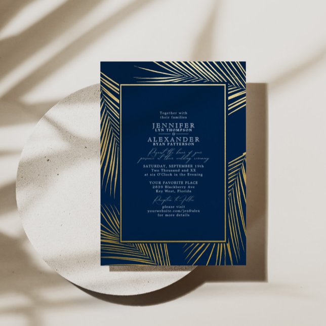 Modern Chic Beach Palm & RSVP QR Code Wedding Gold Foil Invitation (Creator Uploaded)