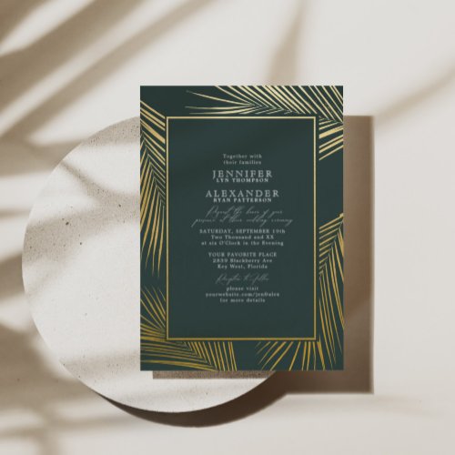 Modern Chic Beach Palm  RSVP QR Code Wedding Gold Foil Invitation