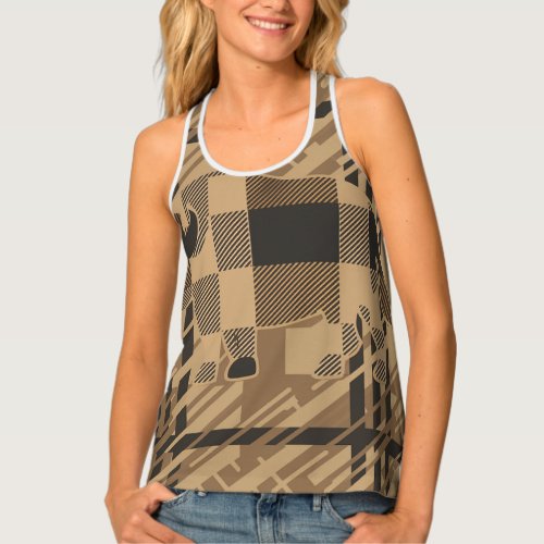 MODERN CHIC BEIGE AND BLACK BUFFALO PATTERN PLAID TANK TOP