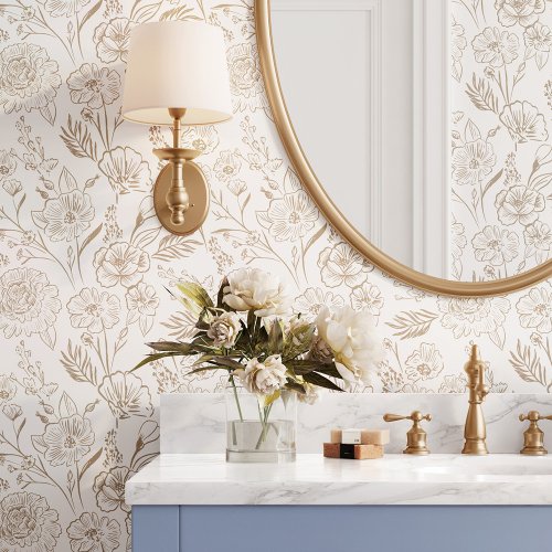 Modern Chic Beige Line Art Floral Foliage Pattern Wallpaper