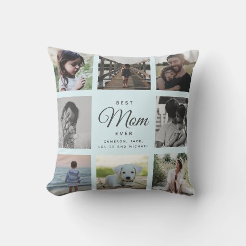 Modern Chic Best Mom Ever Light Blue Photo Collage Throw Pillow