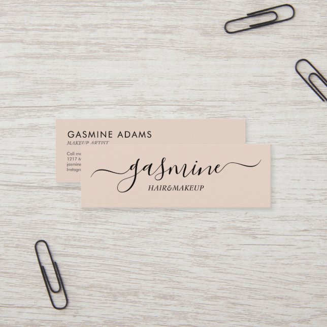Modern Chic Black and Cream Beige Casual Script Mini Business Card (Front/Back In Situ)
