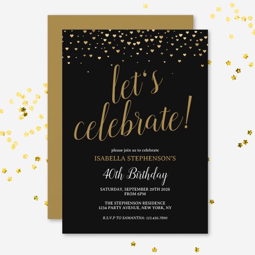 Modern Chic Black and Gold 40th Birthday Party  Invitation