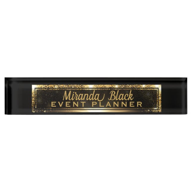 Modern Chic Black and Gold Faux Metallic Luxury Desk Name Plate (Front)