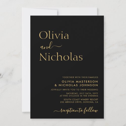 Modern Chic Black and Gold Script Photo Wedding Invitation