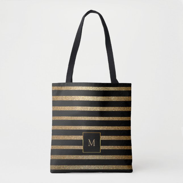 Modern chic black and gold stripes monogrammed tote bag (Front)