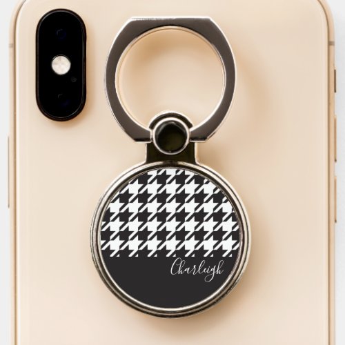 Modern Chic Black and White Houndstooth Named Phone Ring Stand