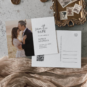 Modern Chic Black and White QR Code Save the Date Invitation Postcard