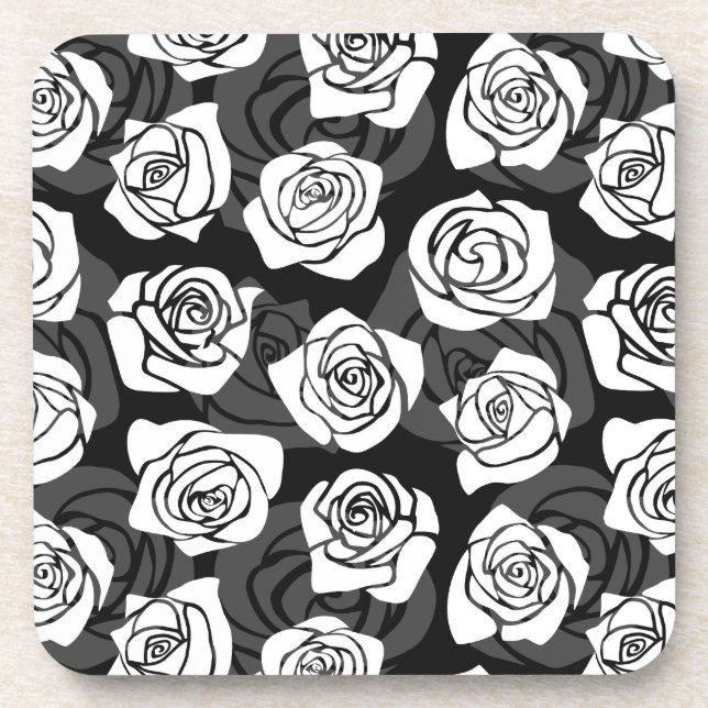 Modern Chic Black and White Rose Flower Pattern Beverage Coaster (Front)