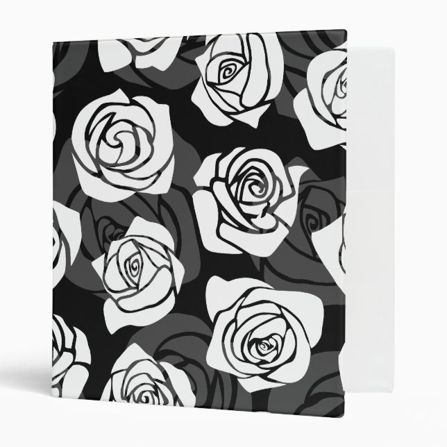 Modern Chic Black and White Rose Flower Pattern Binder (Front/Inside)