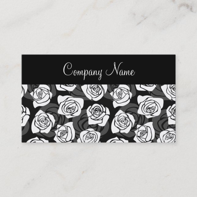 Modern Chic Black and White Rose Flower Pattern Business Card (Front)