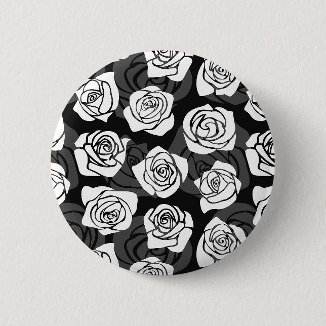 Modern Chic Black and White Rose Flower Pattern Button (Front)