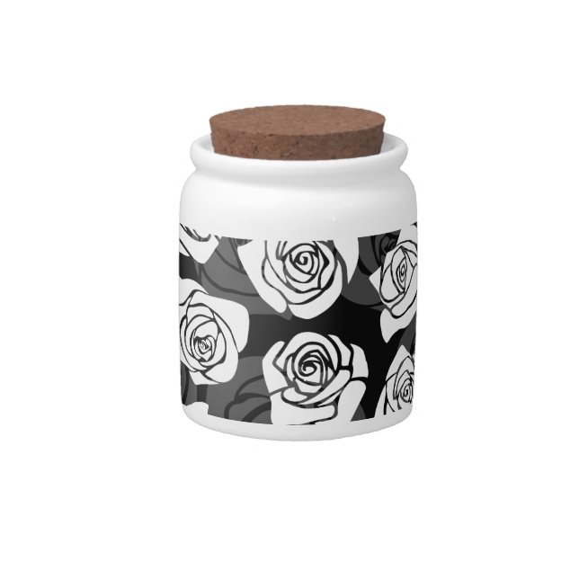 Modern Chic Black and White Rose Flower Pattern Candy Jar (Front)