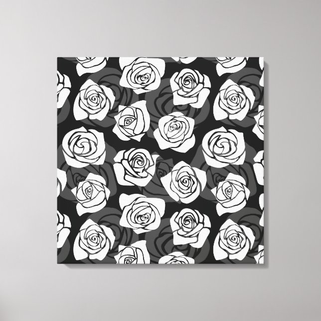 Modern Chic Black and White Rose Flower Pattern Canvas Print (Front)