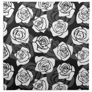 Modern Chic Black and White Rose Flower Pattern Cloth Napkin
