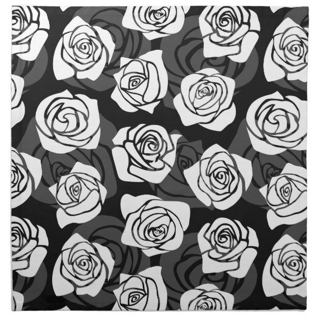 Modern Chic Black and White Rose Flower Pattern Cloth Napkin (Front)