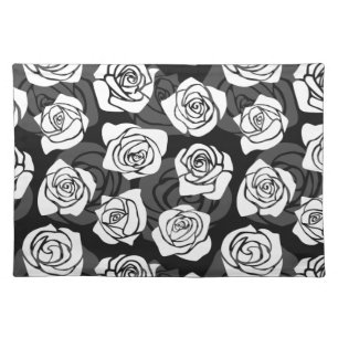 Modern Chic Black and White Rose Flower Pattern Cloth Placemat