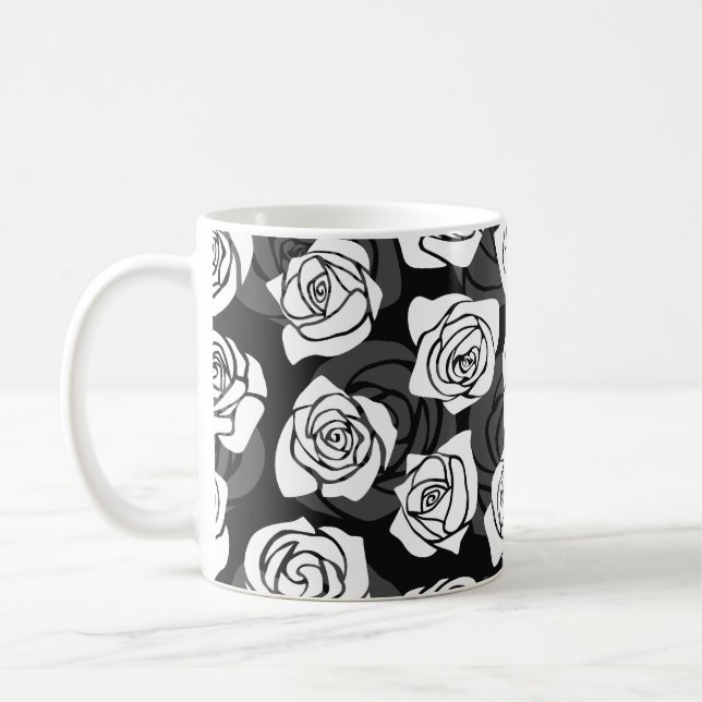 Modern Chic Black and White Rose Flower Pattern Coffee Mug (Left)