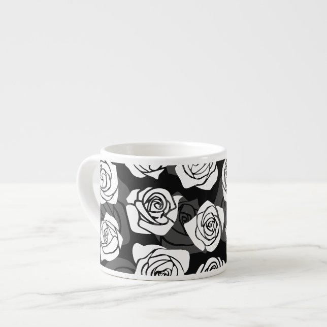 Modern Chic Black and White Rose Flower Pattern Espresso Cup (Front Left)