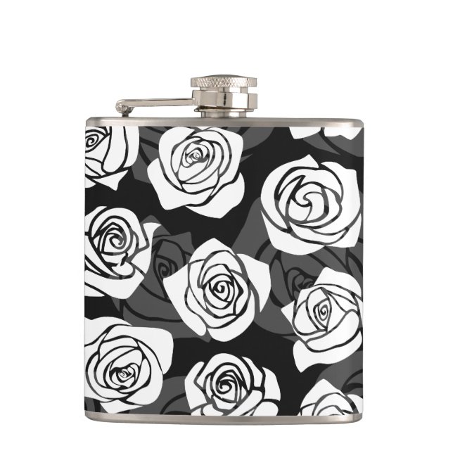 Modern Chic Black and White Rose Flower Pattern Hip Flask (Front)