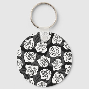 Modern Chic Black and White Rose Flower Pattern Keychain