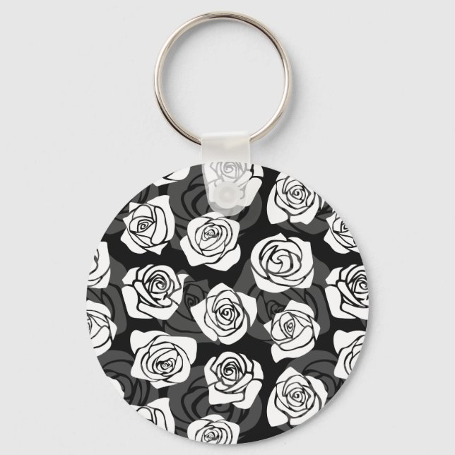 Modern Chic Black and White Rose Flower Pattern Keychain (Front)