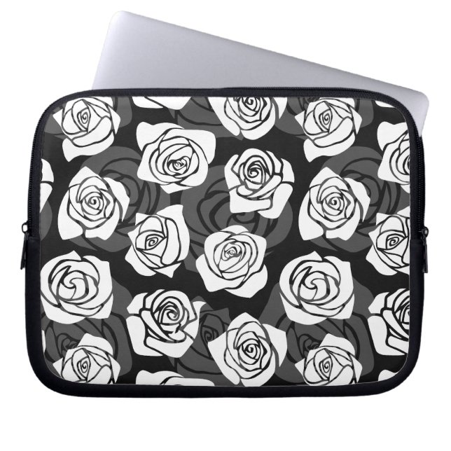 Modern Chic Black and White Rose Flower Pattern Laptop Sleeve (Front)