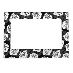 Modern Chic Black and White Rose Flower Pattern Magnetic Picture Frame