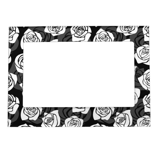Modern Chic Black and White Rose Flower Pattern Magnetic Picture Frame (Front)