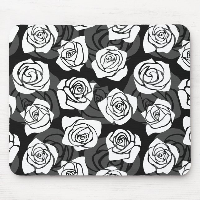 Modern Chic Black and White Rose Flower Pattern Mouse Pad (Front)