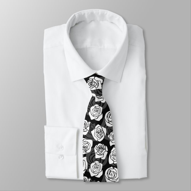 Modern Chic Black and White Rose Flower Pattern Neck Tie (Tied)