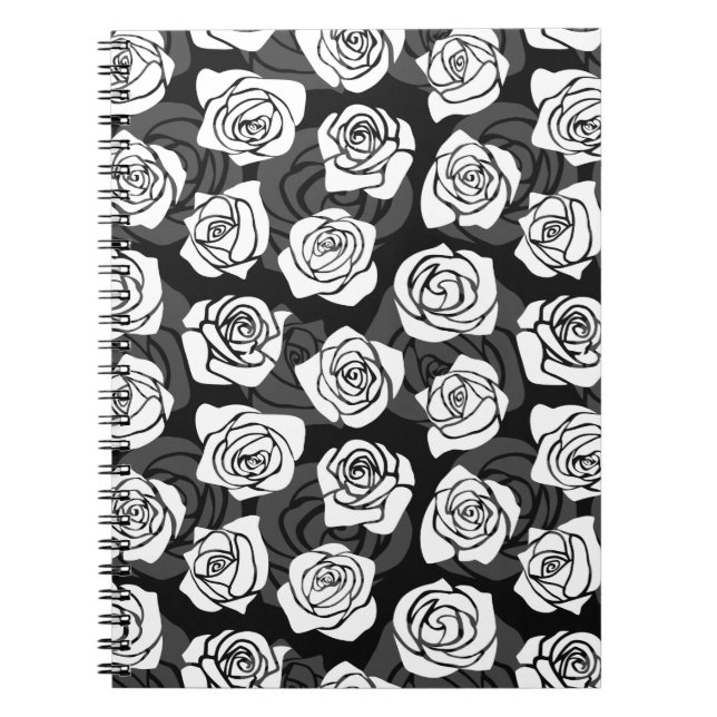 Modern Chic Black and White Rose Flower Pattern Notebook (Front)
