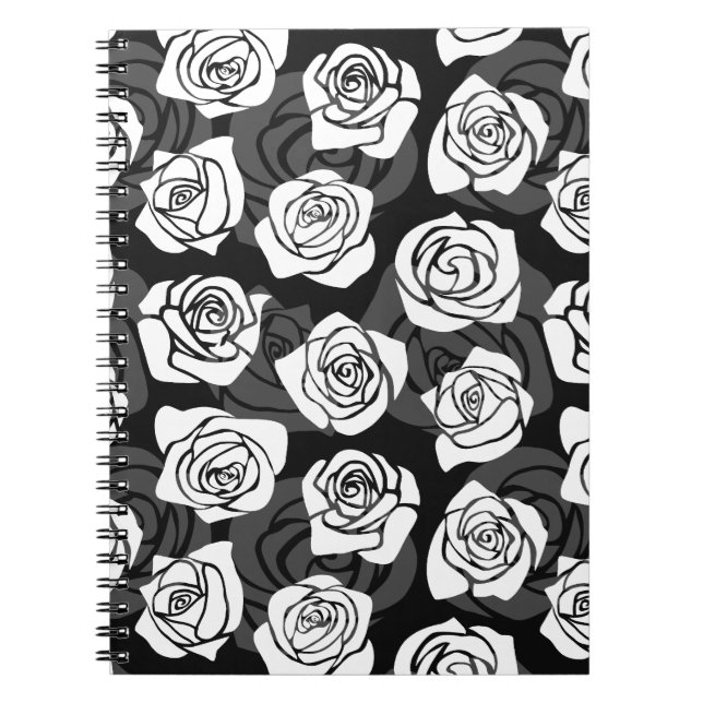Modern Chic Black and White Rose Flower Pattern Notebook (Front)