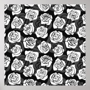 Modern Chic Black and White Rose Flower Pattern Poster