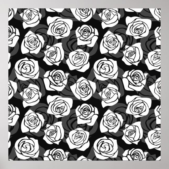 Modern Chic Black and White Rose Flower Pattern Poster (Front)