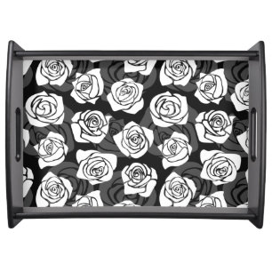 Modern Chic Black and White Rose Flower Pattern Serving Tray