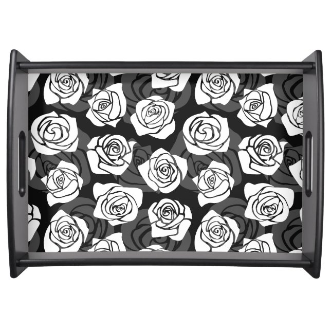 Modern Chic Black and White Rose Flower Pattern Serving Tray (Front)