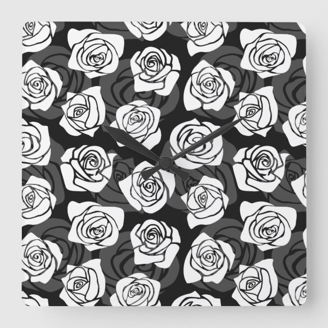 Modern Chic Black and White Rose Flower Pattern Square Wall Clock (Front)