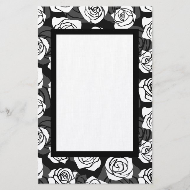 Modern Chic Black and White Rose Flower Pattern Stationery (Front)