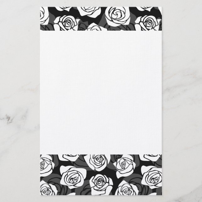 Modern Chic Black and White Rose Flower Pattern Stationery (Front)