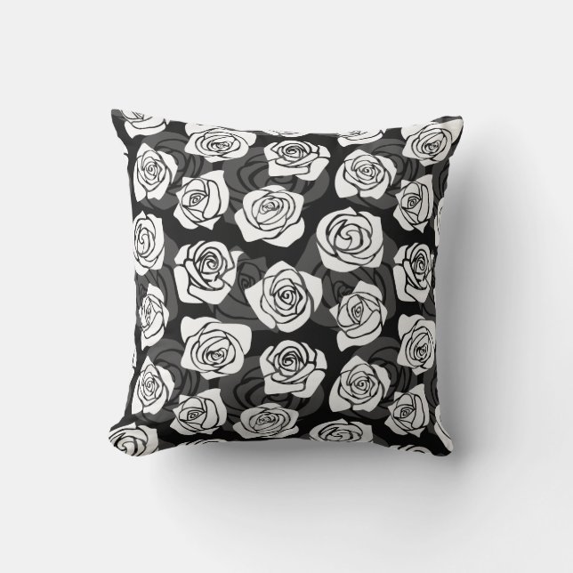 Modern Chic Black and White Rose Flower Pattern Throw Pillow (Front)