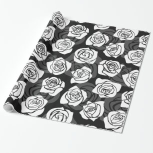 Modern Chic Black and White Rose Flower Pattern Wrapping Paper